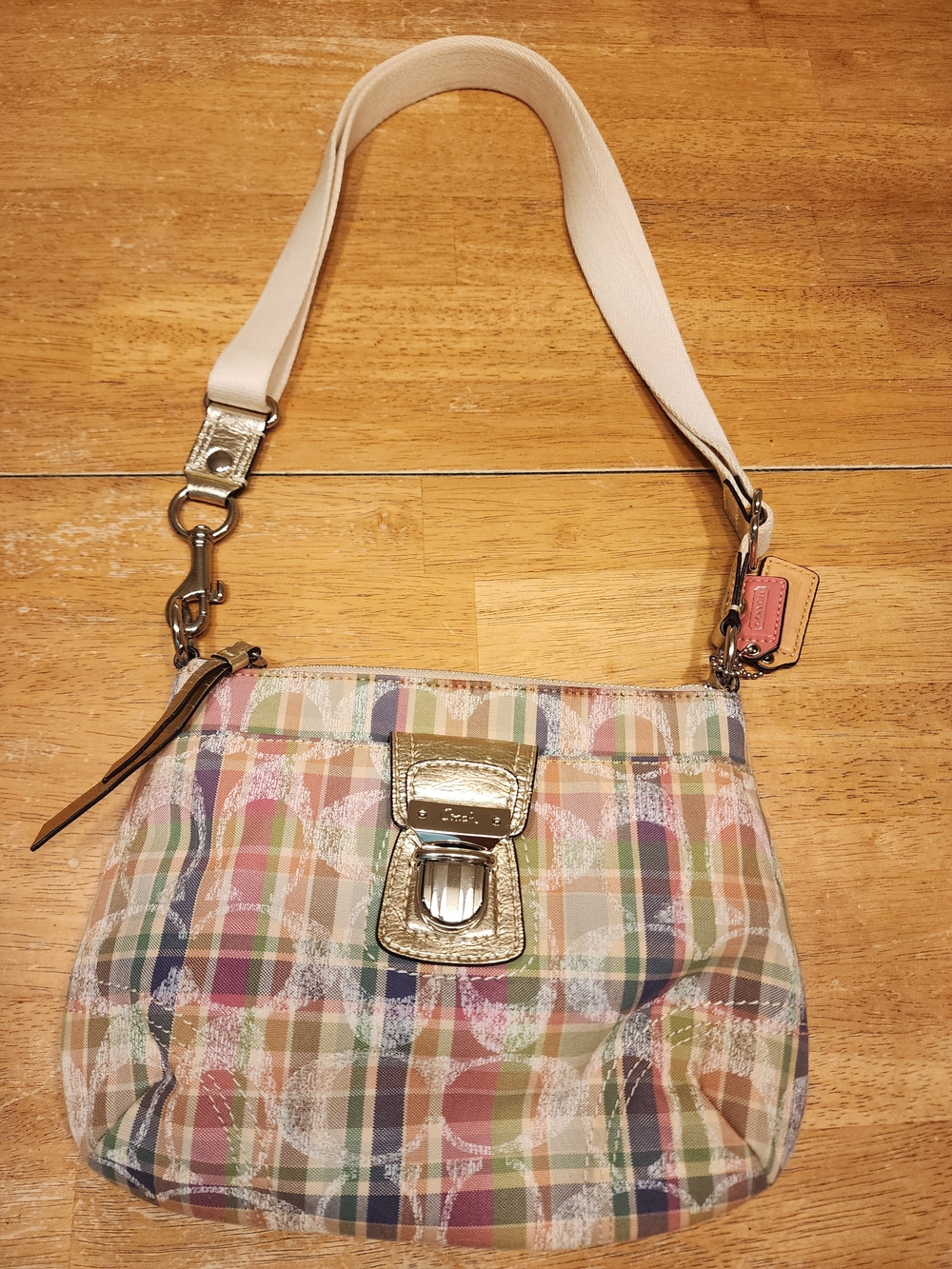 Y2K Coach Poppy Madras plaid sequined signature crossbody bag gold-tone hardware